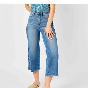 Judy Blue high rise medium wash side braid cropped wide leg jeans